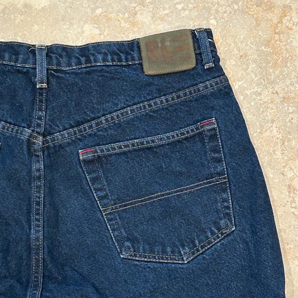 Vintage Ralph Lauren RL Jeans Co Banner Shorts Men 36x12 Blue Denim Dark Wash
